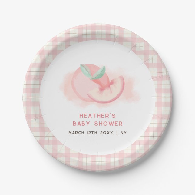 Niedlich Sweet Pink Gingham Peach Baby Dusche Pappteller (Vorderseite)