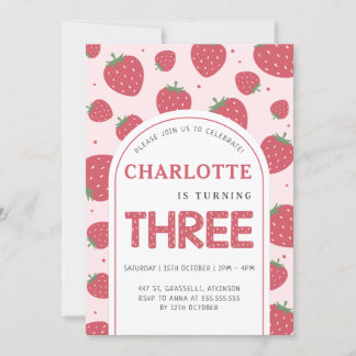 Niedlich Sweet Strawberry 3. Geburtstag Party Rosa Einladung