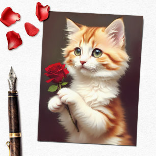 Niedlich Tabby Ginger Cat Holen einer Rote Rose Postkarte