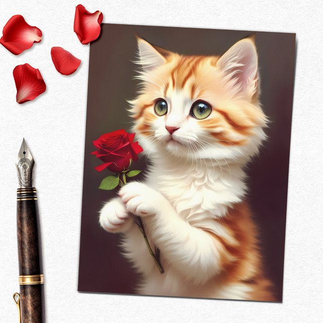 Niedlich Tabby Ginger Cat Holen einer Rote Rose Postkarte (Von Creator hochgeladen)