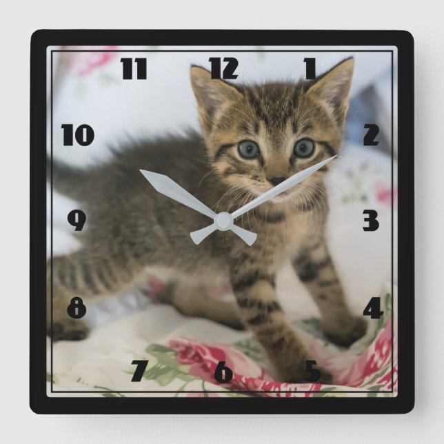 Niedlich Tabby Kitten sieht überraschend aus Quadratische Wanduhr (Vorderseite)