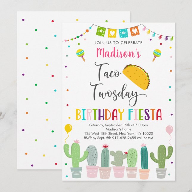 Niedlich Taco Zweitägige Fiesta Cactus Birthday Einladung (Vorne/Hinten)