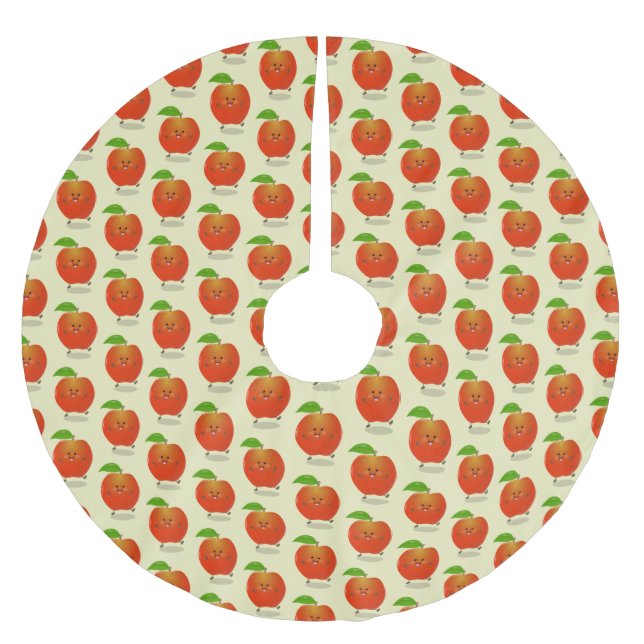 Niedlich tanzende Apfel-Cartoon-Abbildung Polyester Weihnachtsbaumdecke (Vorderseite)