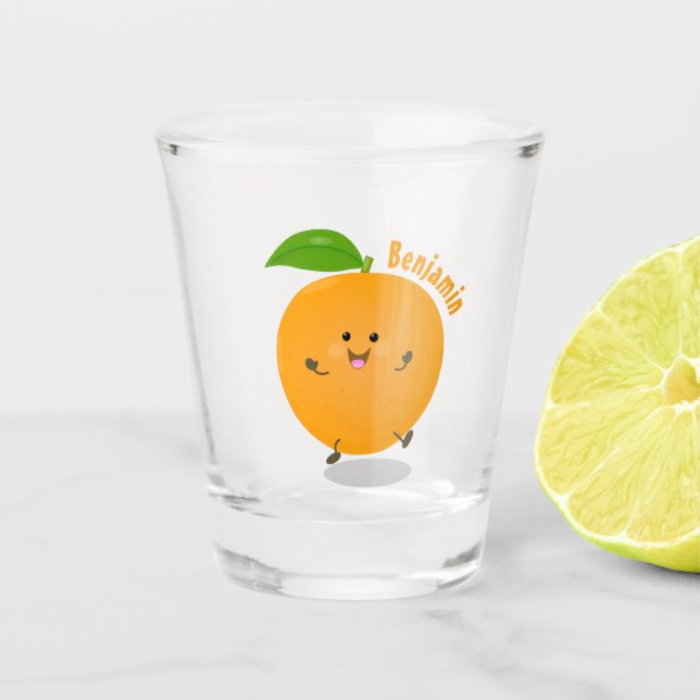 Niedlich tanzende Orangenzitrusfrüchte Schnapsglas (Vorderseite)