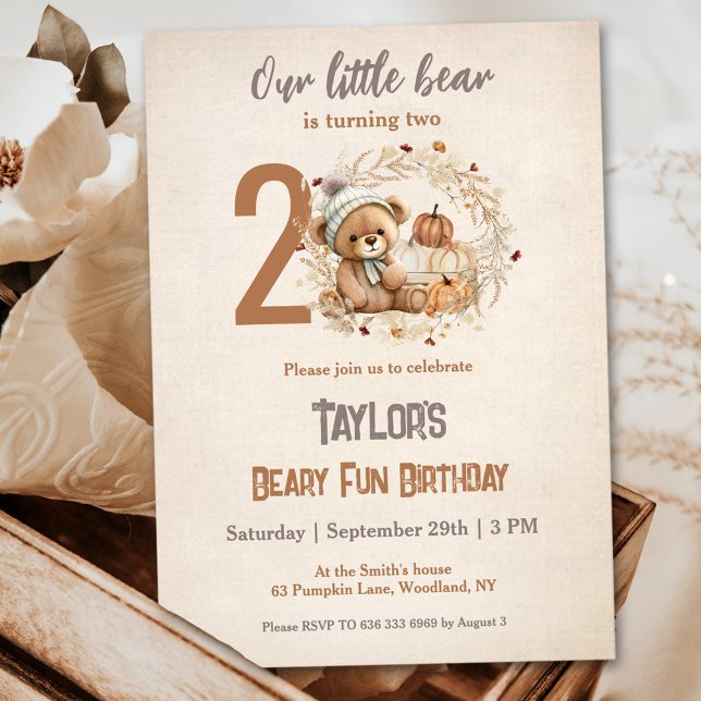 Niedlich Teddy Bar Fall Pumpkin Boy 2. Geburtstag Einladung (Cute Teddy Bear Fall Pumpkin Boy 2nd Birthday Invitation)