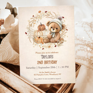 Niedlich Teddy Bar Fall Pumpkins Boy Birthday Einladung