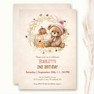 Niedlich Teddy Bar Fall Pumpkins Girl Geburtstag Einladung