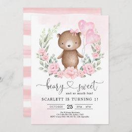 Niedlich Teddy Bär Girl Birthday Heart Balloons Pa Einladung