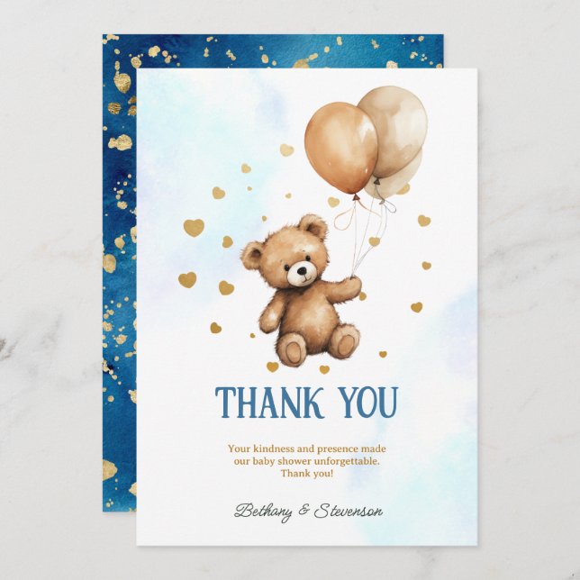 Niedlich Teddy Bear Baby Boy Dusche Dankeskarte (Vorne/Hinten)