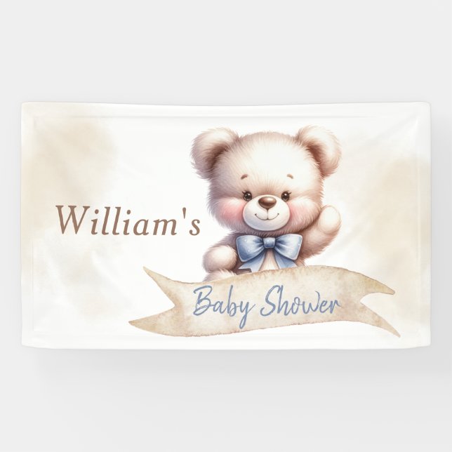 Niedlich Teddy Bear Baby Dusche Wasserfarbe Rustik Banner (Horizontal)