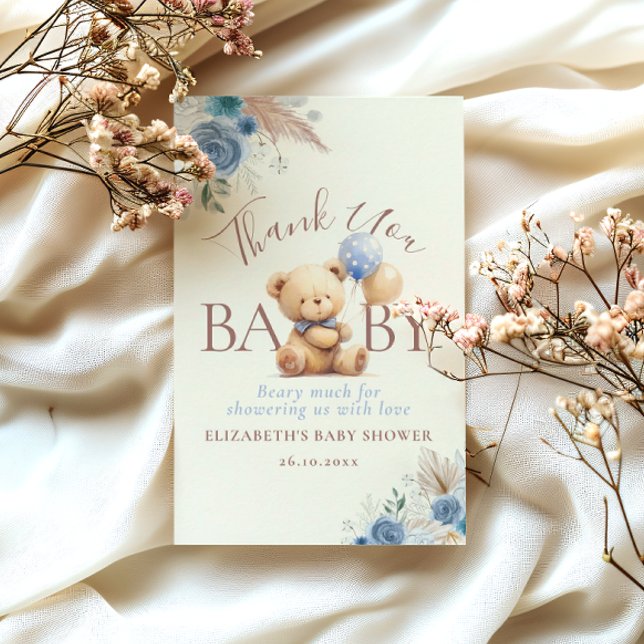 Niedlich Teddy Bear Balloons Boho Blue Rose Floral Dankeskarte (Von Creator hochgeladen)