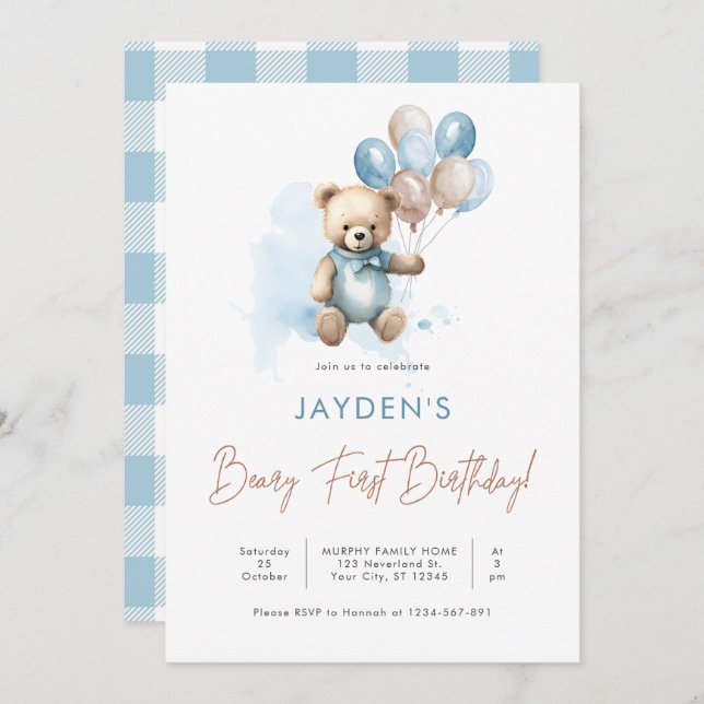 Niedlich Teddy Bear Beary First Birthday Blue Ball Einladung (Vorne/Hinten)