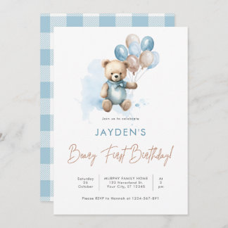 Niedlich Teddy Bear Beary First Birthday Blue Ball Einladung