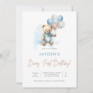 Niedlich Teddy Bear Beary First Birthday Blue Ball Einladung