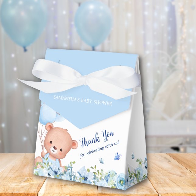 Niedlich Teddy Bear Blue Ballons Boys Baby Dusche Geschenkschachtel (Cute teddy bear with blue balloons, flowers and butterflies favor box for baby boy baby shower)