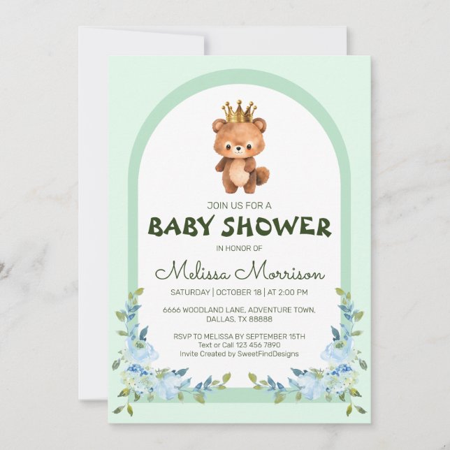 Niedlich Teddy Bear Blue Blume Baby Dusche Einladung (Vorderseite)