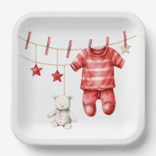 Niedlich Teddy Bear Clothesline Red Baby Dusche Pappteller