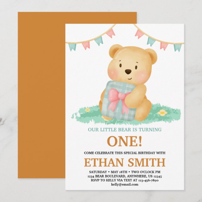 Niedlich Teddy Bear Geburtstagspartei Einladung (Vorne/Hinten)