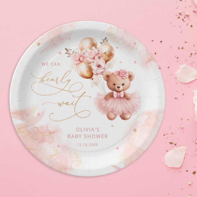 Niedlich Teddy Bear Gold Ballon Pink Baby Girl Dus Pappteller (Von Creator hochgeladen)