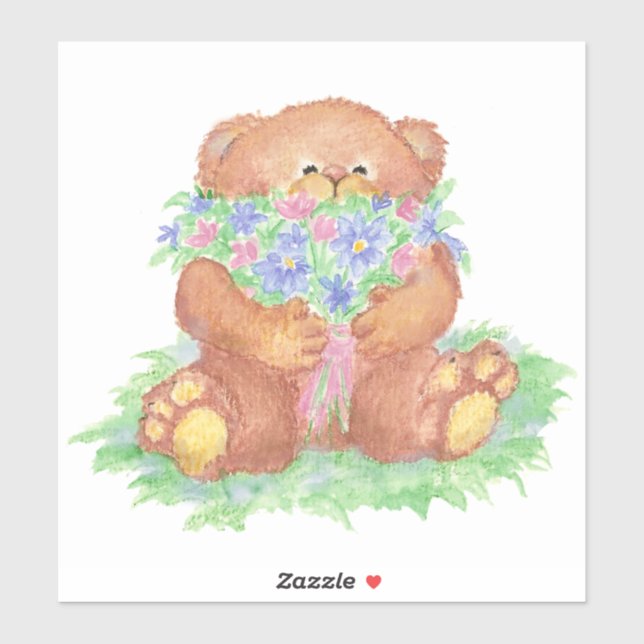 Niedlich Teddy Bear Holding Blume Bouquet Aufkleber (Blatt)