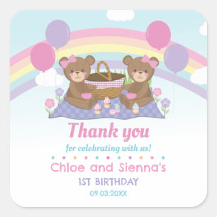 Niedlich Teddy Bear Picnic Rainbow Twins Girl Gebu Quadratischer Aufkleber
