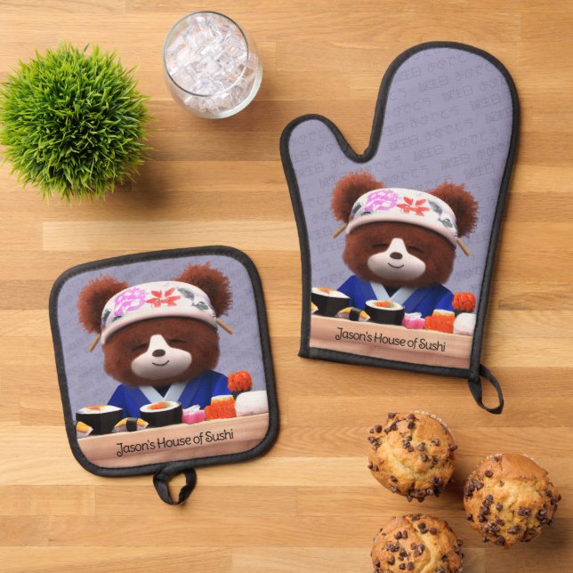 Niedlich Teddy Bear Sushi Koch Ofenhandschuh & Topflappen-Set (Oben Unten)
