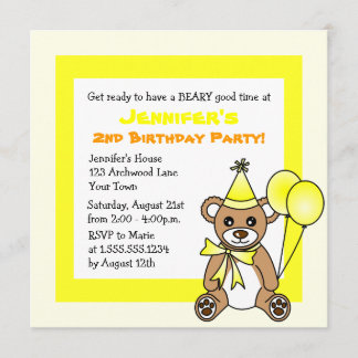 Niedlich Teddy Bear Theme Kindergeburtstag - Gelb Einladung