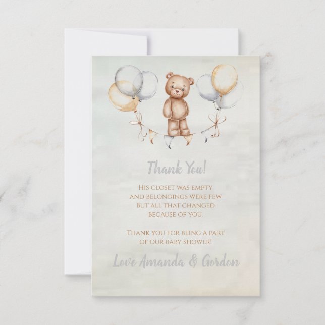 Niedlich Teddy Bear Watercolor Babydusche Dankeskarte (Vorderseite)