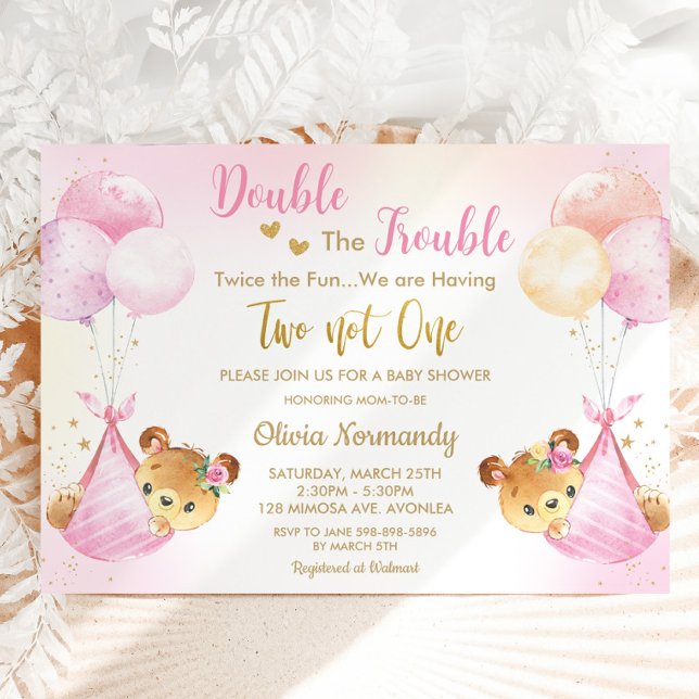 Niedlich Teddy Bears Twin Girls Twin Pink Baby Dus Einladung (twin girls cute bears balloons double the trouble twice the fun twins baby shower invitation digital)