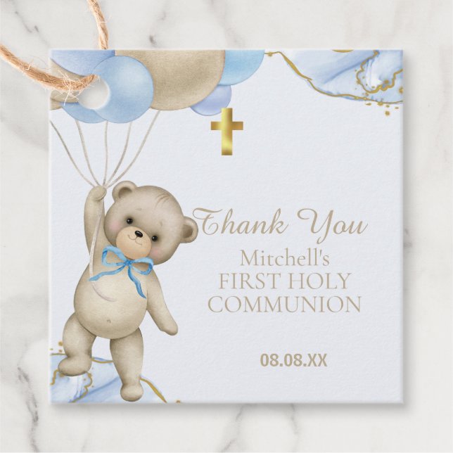 Niedlich Teddy Blue Balloon Junge Erste Heilige Ko Geschenkanhänger (Vorderseite)