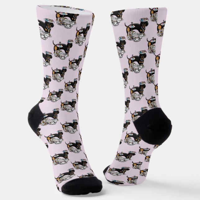 Niedlich Tee Party Dackel Hund (schwarz & tan) Fun Socken (Gewinkelt)