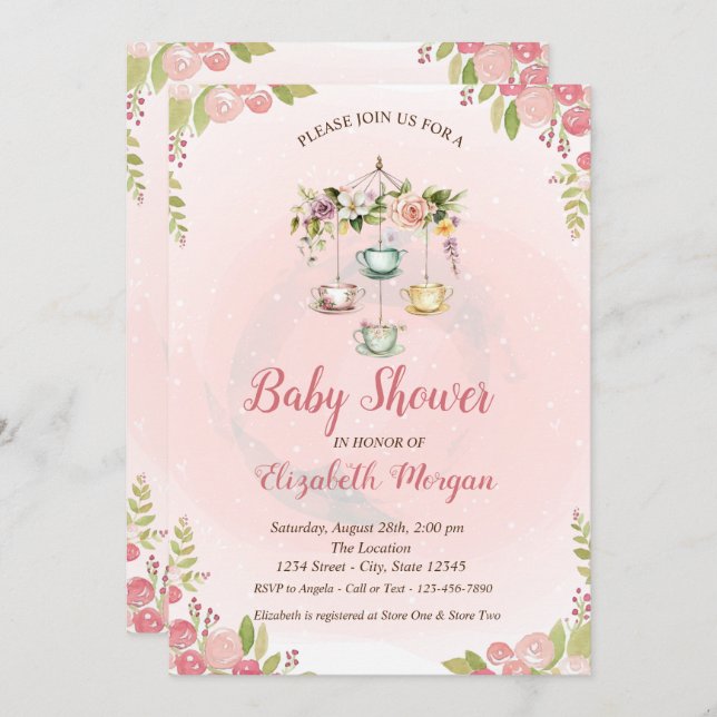 Niedlich Teekanne Frühlingsblumen Kinderdusche Einladung (Vorne/Hinten)