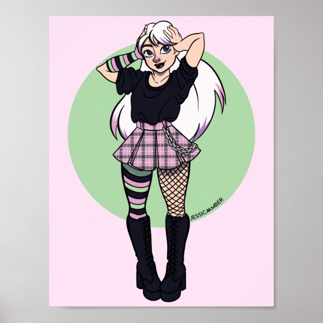 Niedlich Teen Punk Girl Pink Green Manga Illustrat Poster (Vorne)