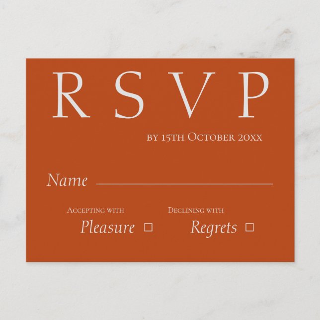 Niedlich Terracotta Rust and White Wedding RSVP Postkarte (Vorderseite)