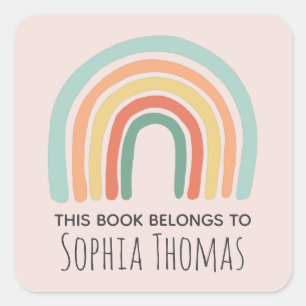 Niedlich "This Book Belongs" Boho Rainbow Buchzeic Quadratischer Aufkleber