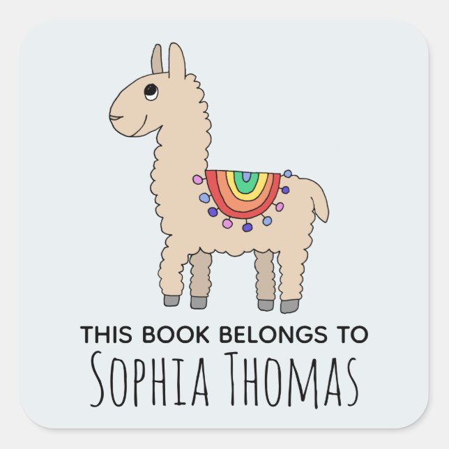 Niedlich "This Book Belongs" Llama Name Kids Buchz Quadratischer Aufkleber (Vorderseite)