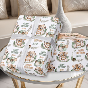 Niedlich Tiger Cub Wild One Boy 1. Geburtstagsname Geschenkpapier