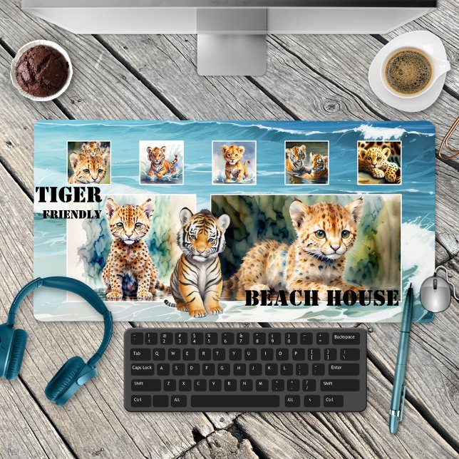 Niedlich Tiger Cubs Foto Beach House Schreibtischunterlage (A beach house desk mat showing a cute tiger cub on a beach with 7 watercolor tiger images or photos)