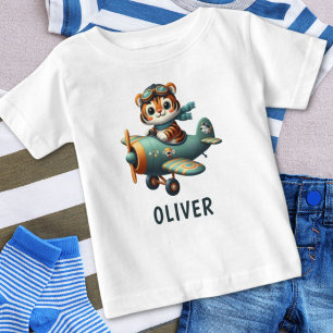 Niedlich Tiger Kid Flug ein Flugzeug Personalisier Baby T-shirt