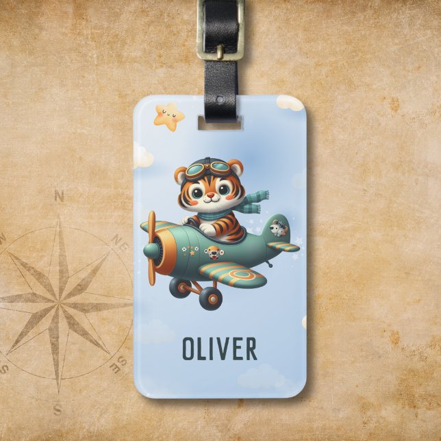 Niedlich Tiger Kid Flug ein Flugzeug Personalisier Gepäckanhänger (Von Creator hochgeladen)