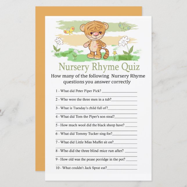 Niedlich Tiger Kinderzimmer Rhyme Quiz Kinderdusch (Vorne/Hinten)