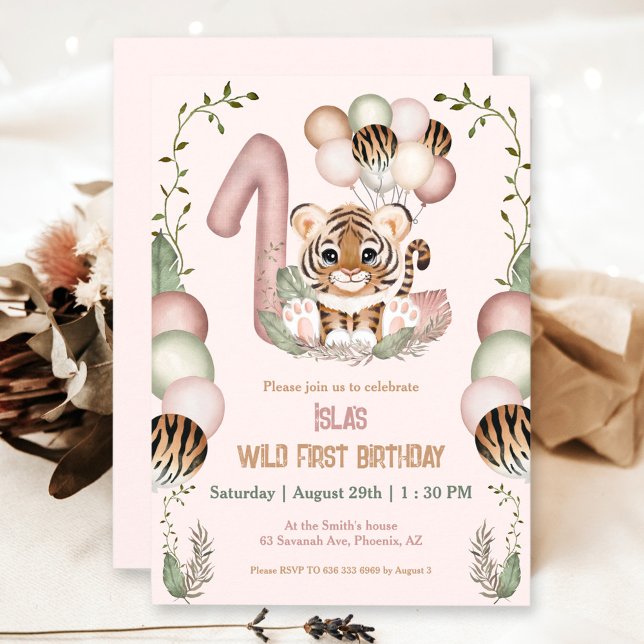 Niedlich Tiger Safari Pink Wild One Girl 1. Geburt Einladung (1st Birthday girl pink party invitation with a cute baby tiger)