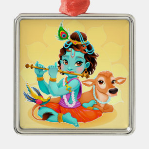 Niedlich Tiny Krishna & Cow Ornament Aus Metall