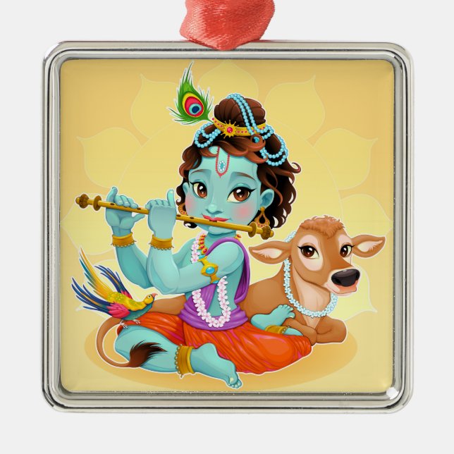 Niedlich Tiny Krishna & Cow Ornament Aus Metall (Vorne)