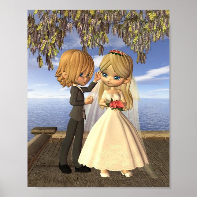 Niedlich Toon Wedding Couple auf einem Seebad Poster (Vorne)