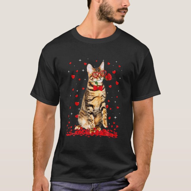 Niedlich Toyger Cat Glasses Herz Blume Valentine T-Shirt (Vorderseite)