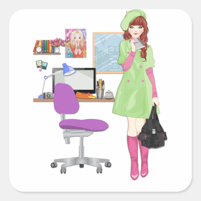 Niedlich Trendy Blogger Fashion Influencer Girl Quadratischer Aufkleber (Vorderseite)