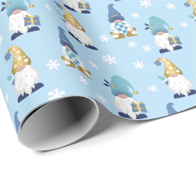 Niedlich Trendy Gnomes Winter Gold Blue Geschenkpapier (Rolleneckpunkt)
