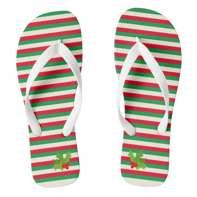 Niedlich Trendy Red and Green Stripe Weihnachtsfei Flip Flops (Fußbett)