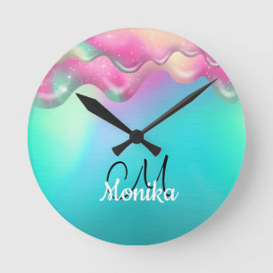 Niedlich Türkis Rosa Regenbogen Dripping Galaxie Runde Wanduhr
